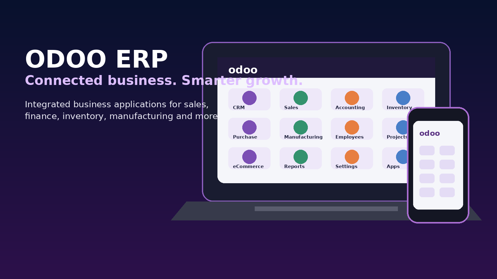 Odoo ERP dashboard on laptop and mobile